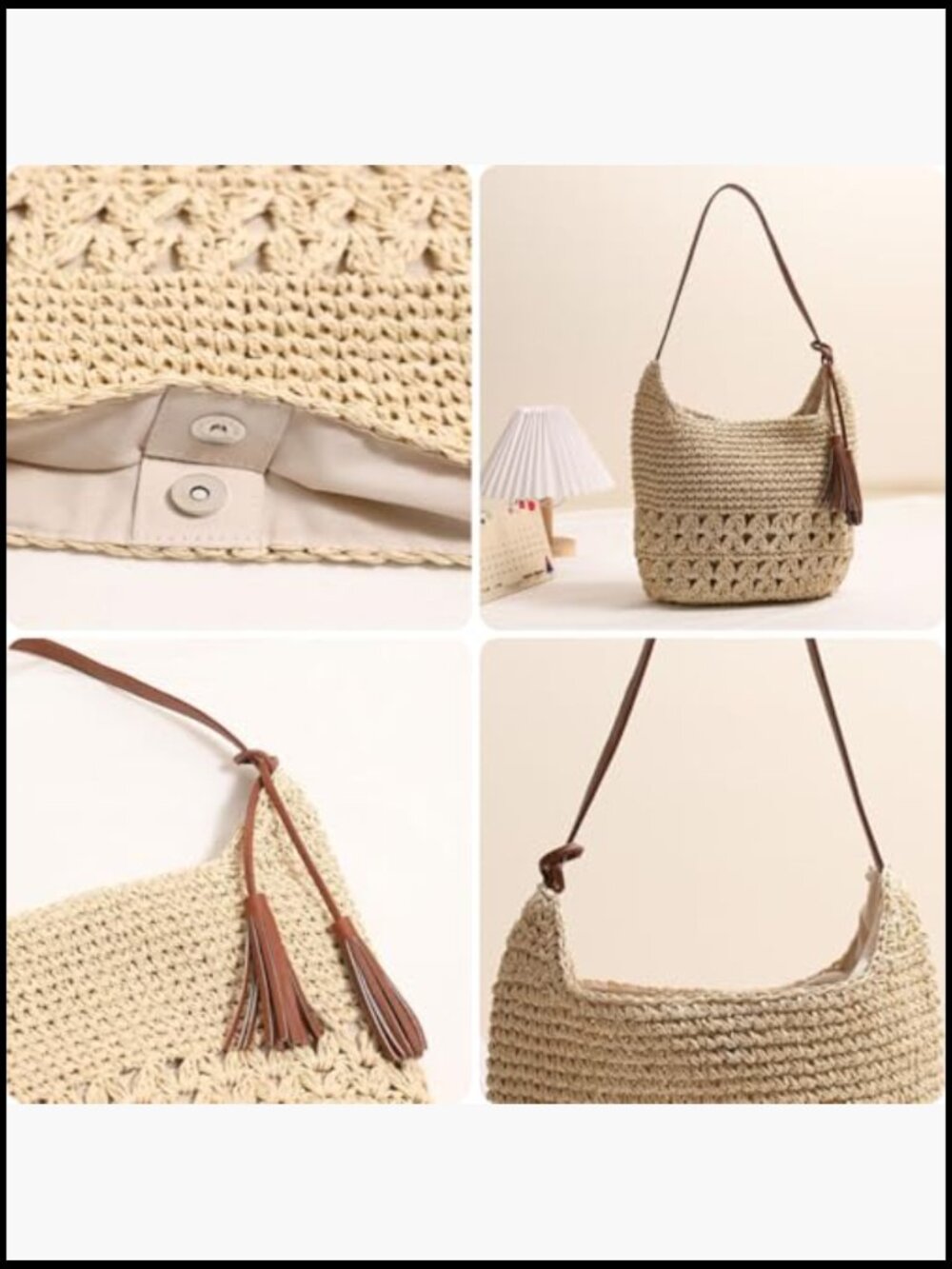 Straw Woven Tote Bag Boho Handmade Crochet Hobo Shoulder Purse Summer Beach - Picture 4 of 7